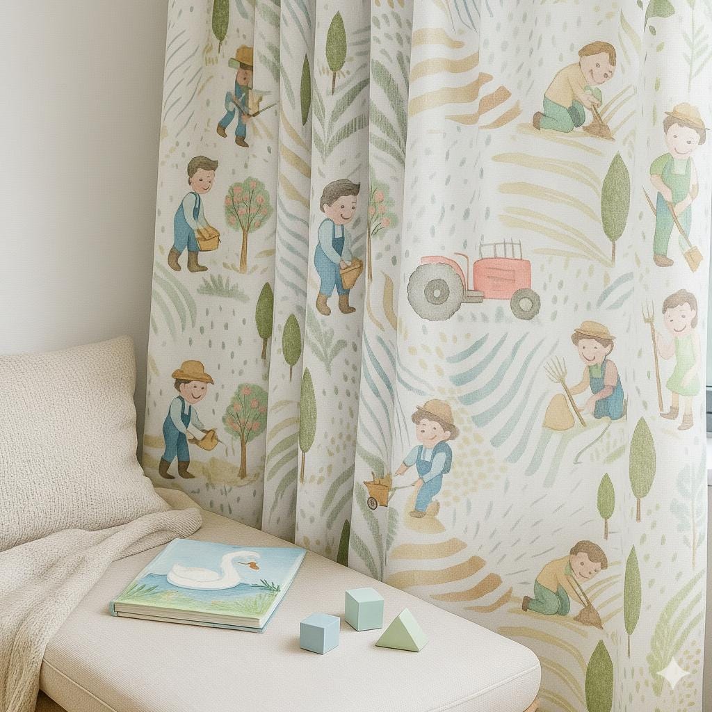 Farm-Scene Linen Curtains: Ivory, Sage & Sky for Kids’ Rooms — image 2