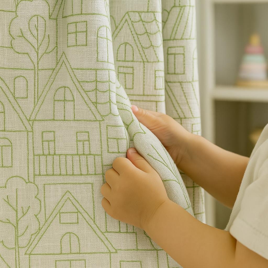 Embroidered Linen Curtains: White with Green Houses and Trees — image 1
