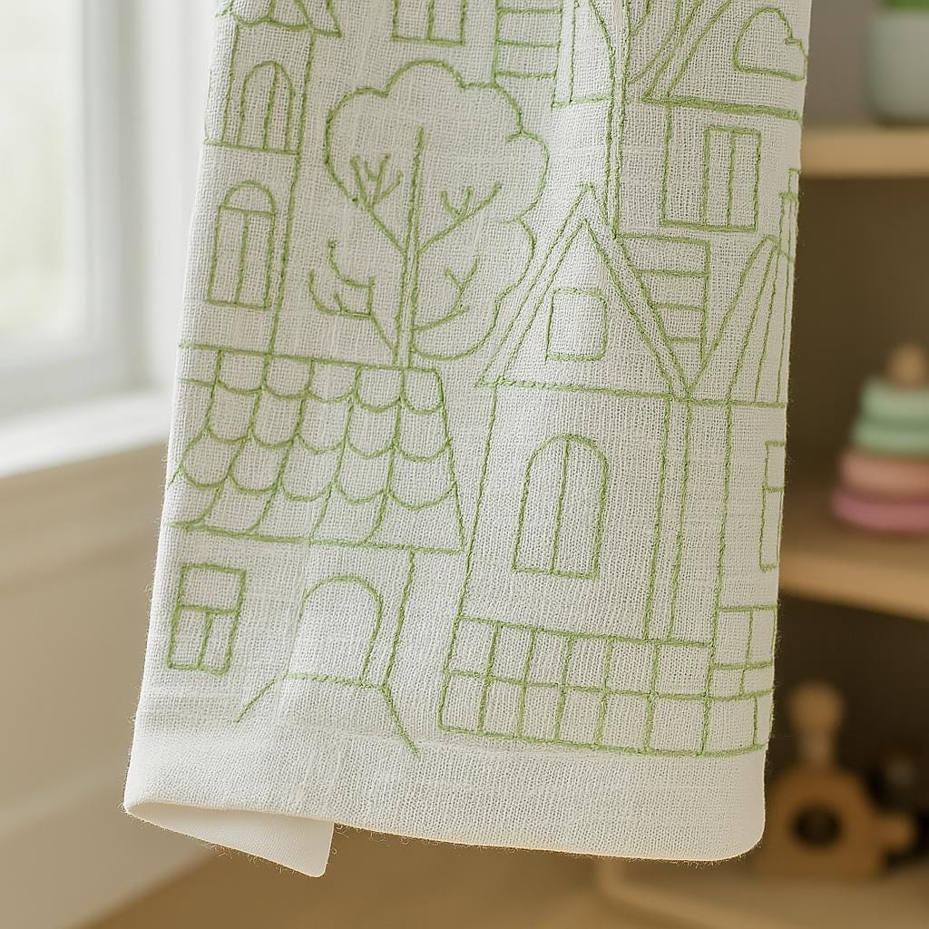 Embroidered Linen Curtains: White with Green Houses and Trees — image 1