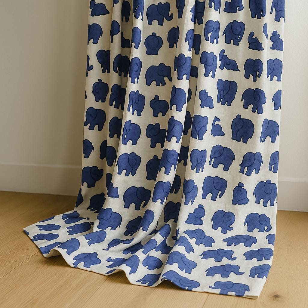 Hand Block Printed Elephant Curtains - Organic Cotton, Indigo Blue — image 3