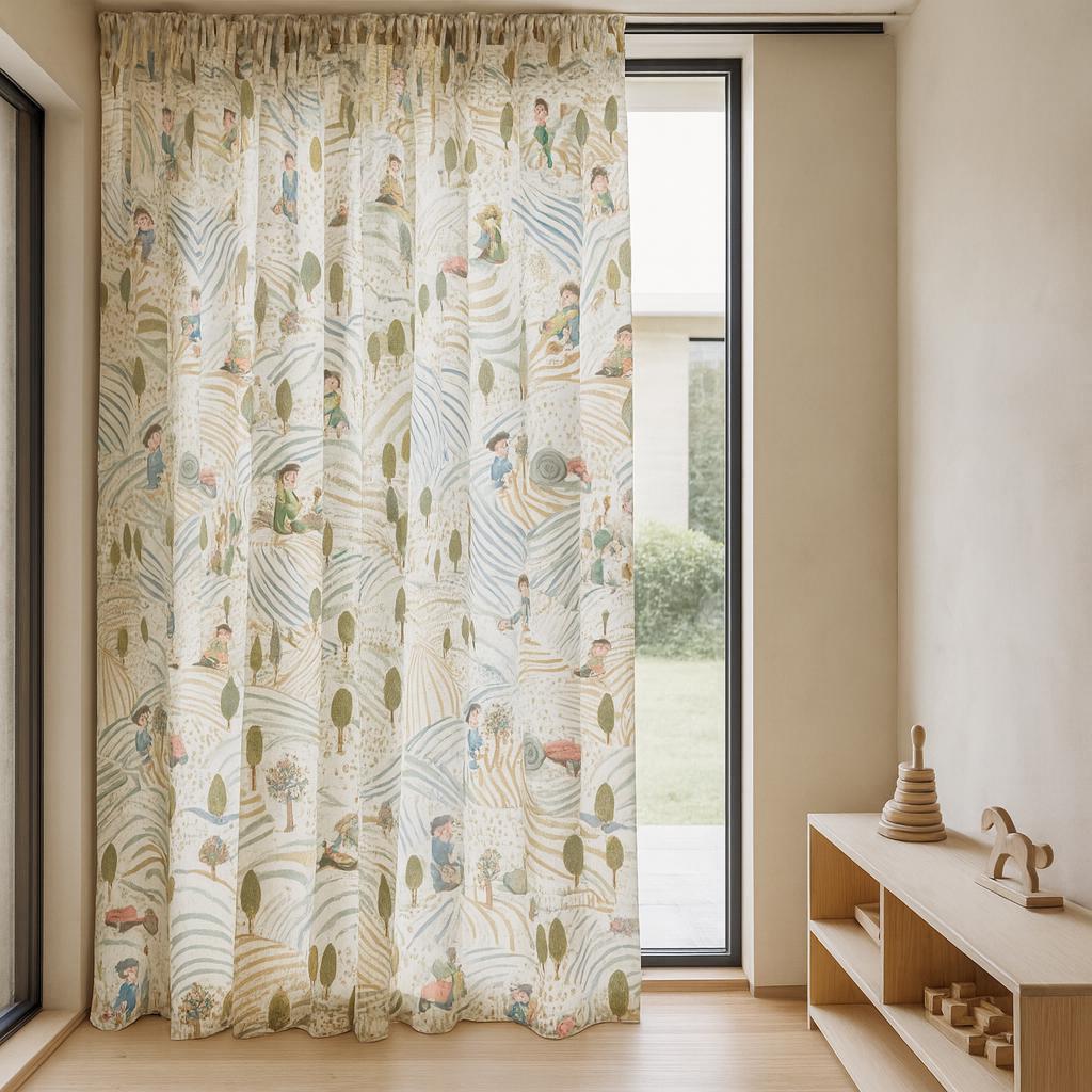 Farm-Scene Linen Curtains: Ivory, Sage & Sky for Kids’ Rooms — image 4