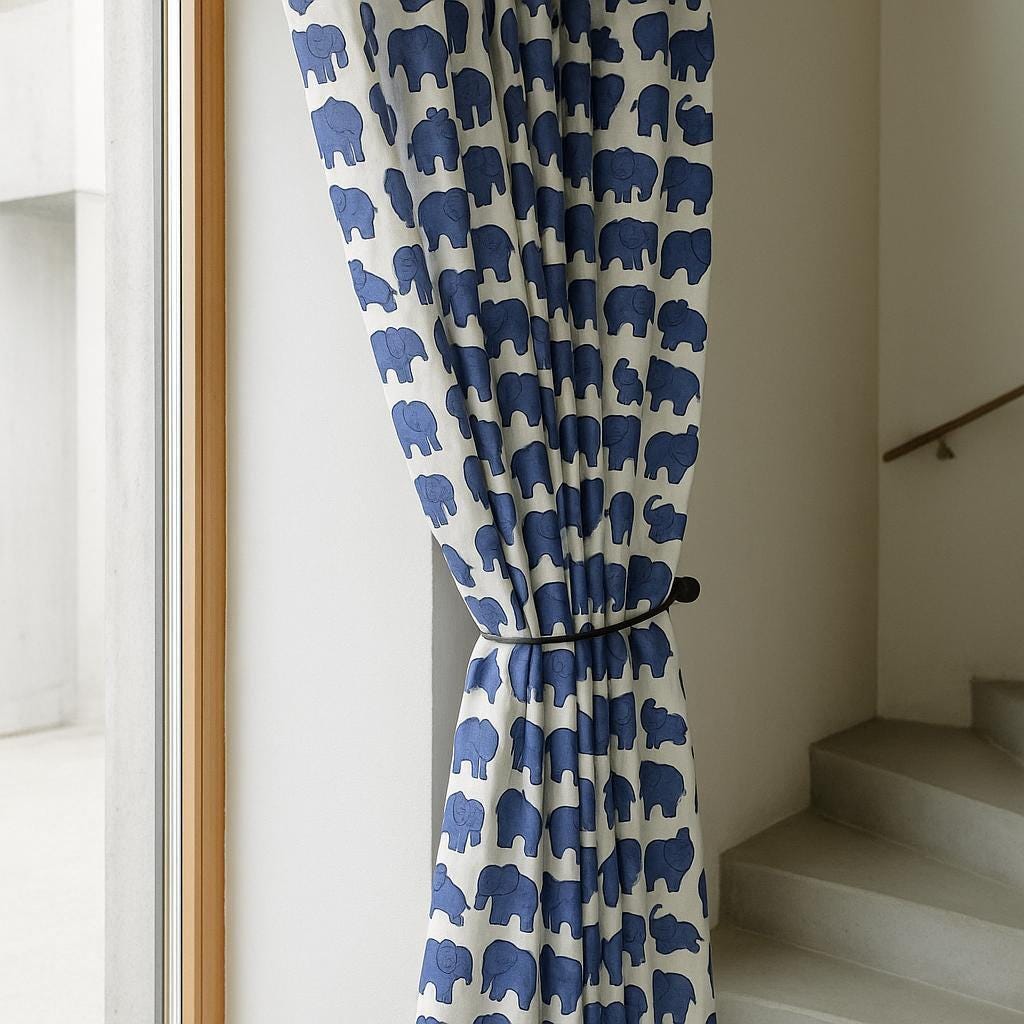 Hand Block Printed Elephant Curtains - Organic Cotton, Indigo Blue — image 4