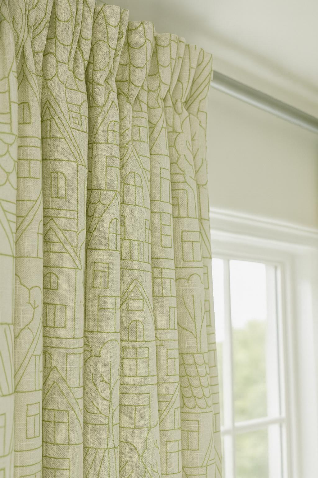 Embroidered Linen Curtains: White with Green Houses and Trees — image 4
