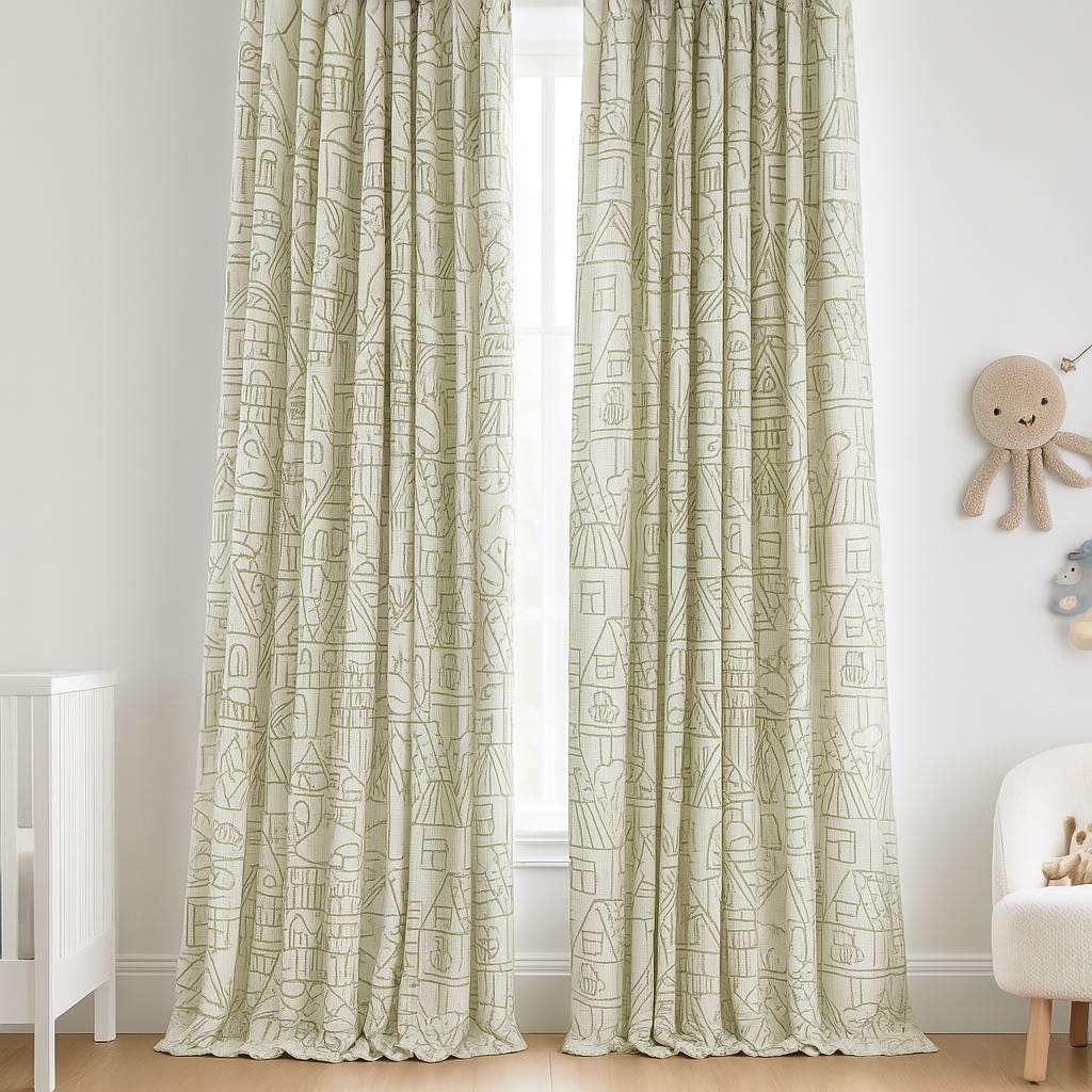 Embroidered Linen Curtains: White with Green Houses and Trees — image 6