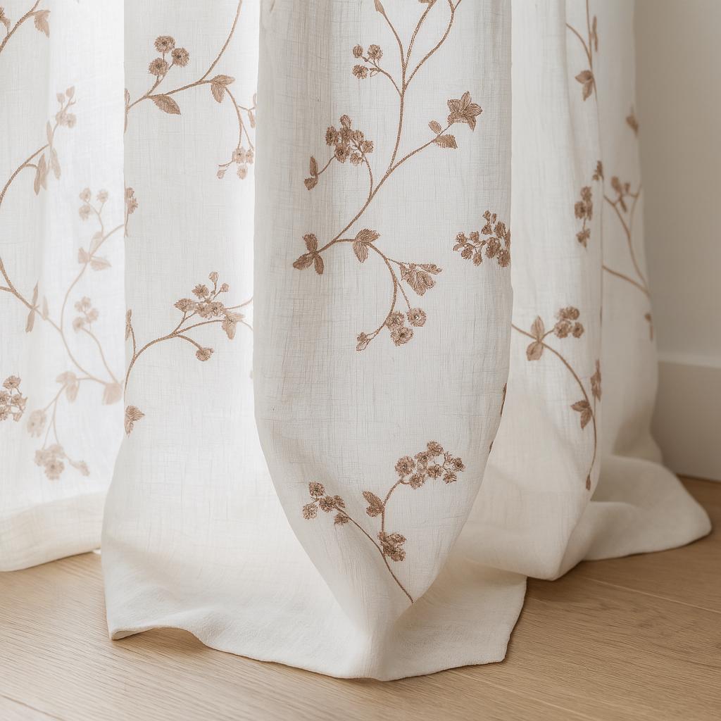Dusty Pink Floral Linen Curtains - Sheer White, Ripple Fold Panels — image 1