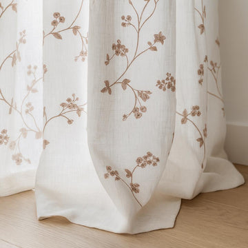 Dusty Pink Floral Linen Curtains - Sheer White, Ripple Fold Panels — image 1