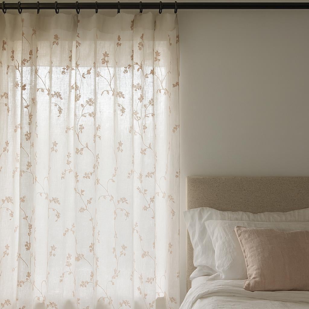 Dusty Pink Floral Linen Curtains - Sheer White, Ripple Fold Panels — image 1