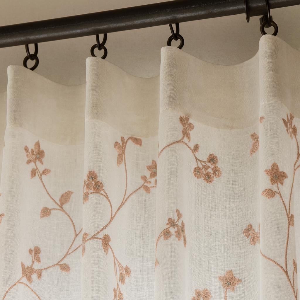 Dusty Pink Floral Linen Curtains - Sheer White, Ripple Fold Panels — image 3