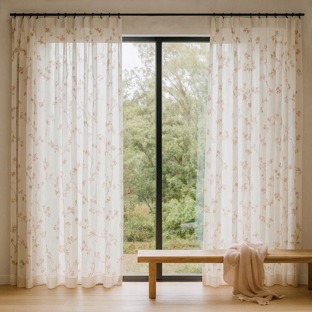 Dusty Pink Floral Linen Curtains - Sheer White, Ripple Fold Panels — image 8