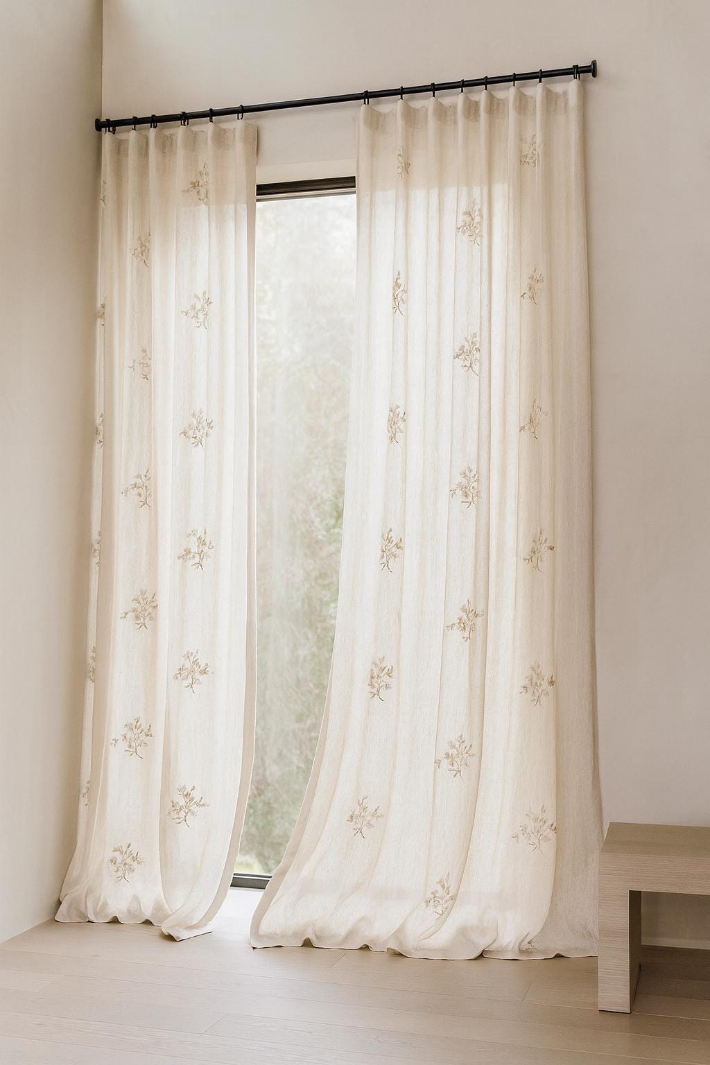 Embroidered Linen Sheer Curtains: Off-White with Neutral Floral Sprigs — image 2