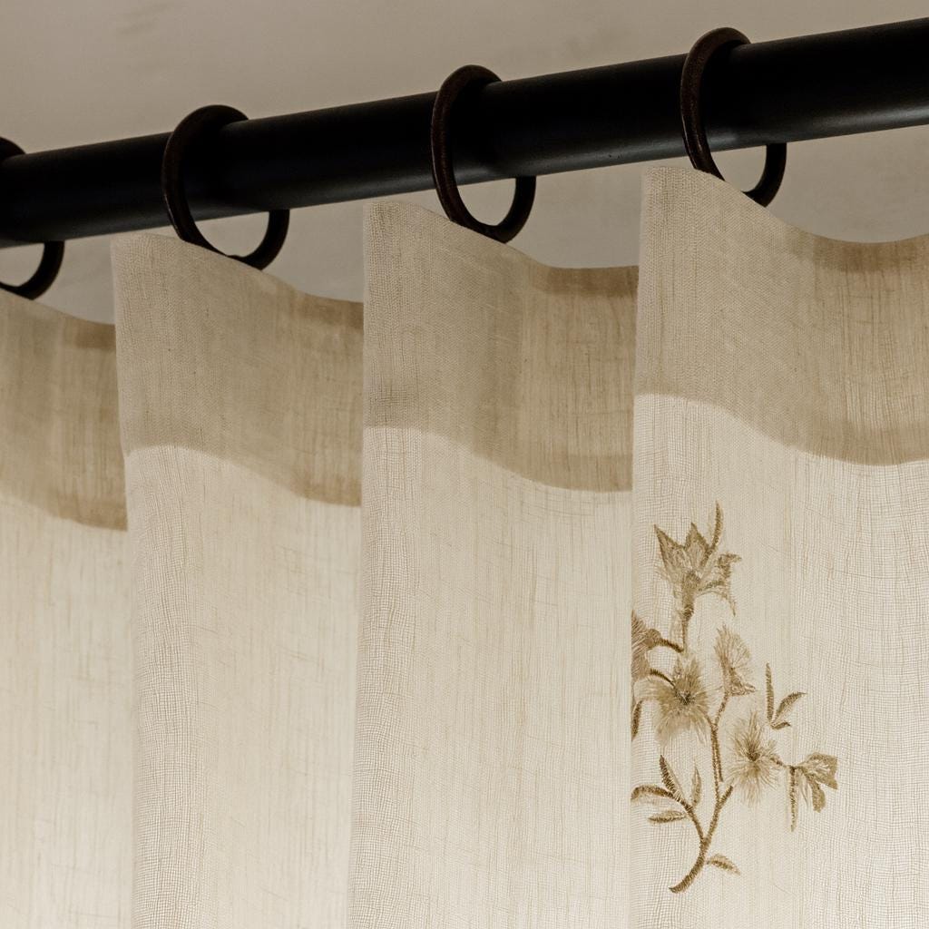 Embroidered Linen Sheer Curtains: Off-White with Neutral Floral Sprigs — image 4