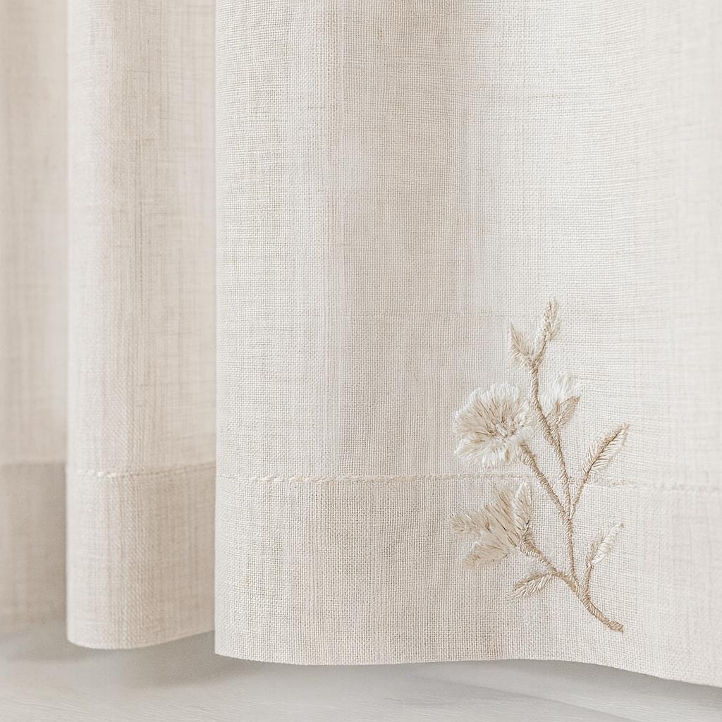 Embroidered Linen Sheer Curtains: Off-White with Neutral Floral Sprigs — image 6