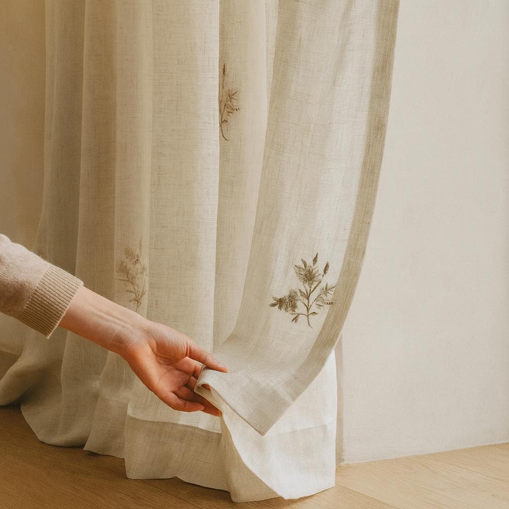 Embroidered Linen Sheer Curtains: Off-White with Neutral Floral Sprigs — image 9