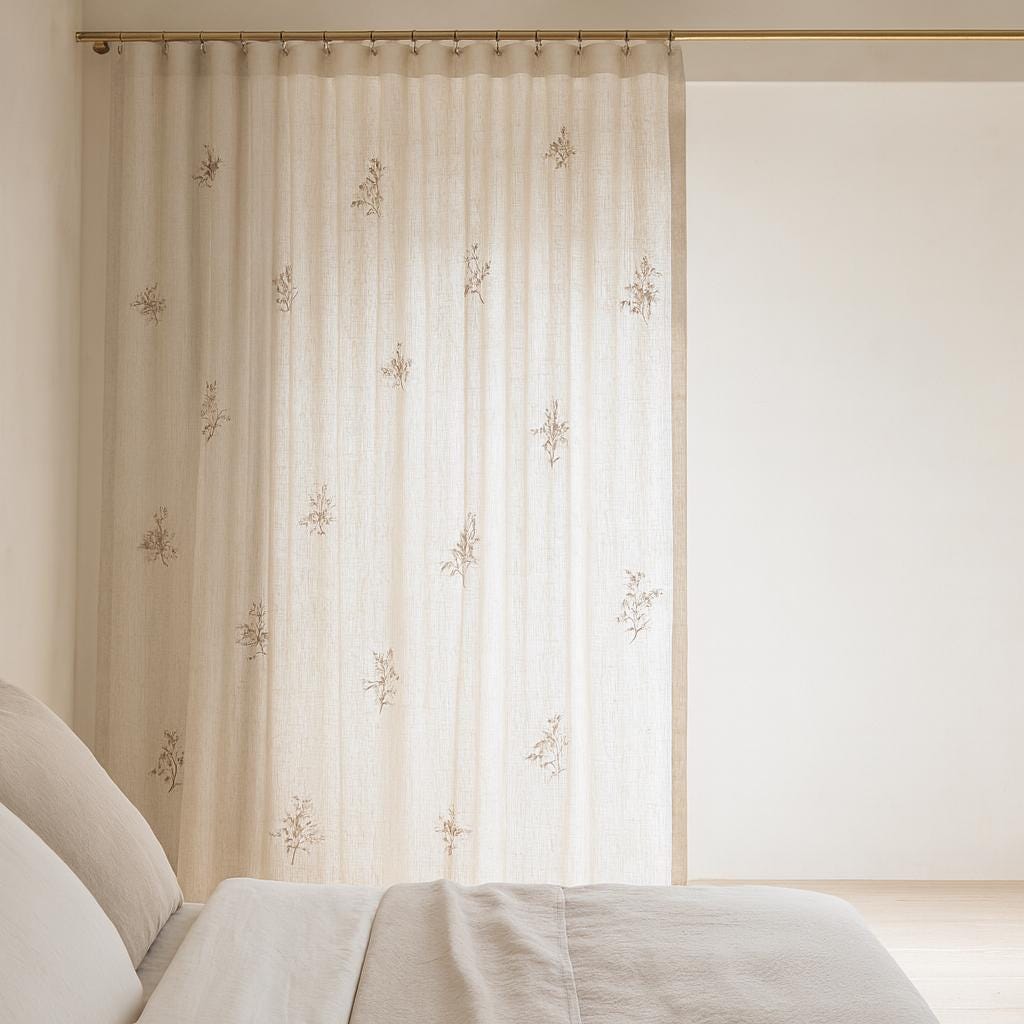Embroidered Linen Sheer Curtains: Off-White with Neutral Floral Sprigs — image 10
