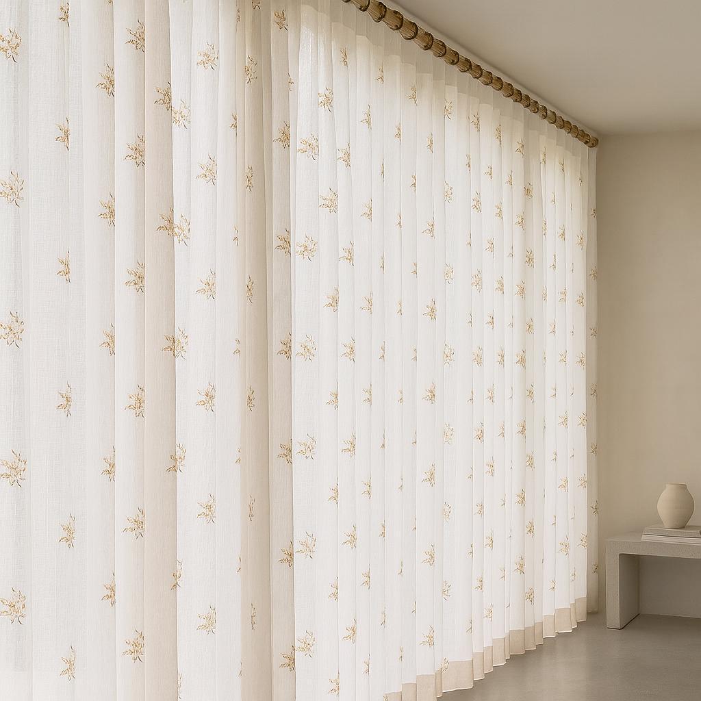 Ivory Linen Sheer Curtains - Beige Floral, Custom Widths & Lengths — image 1