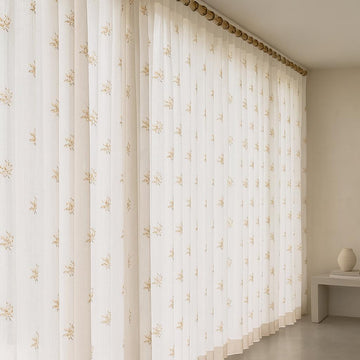 Ivory Linen Sheer Curtains - Beige Floral, Custom Widths & Lengths — image 1