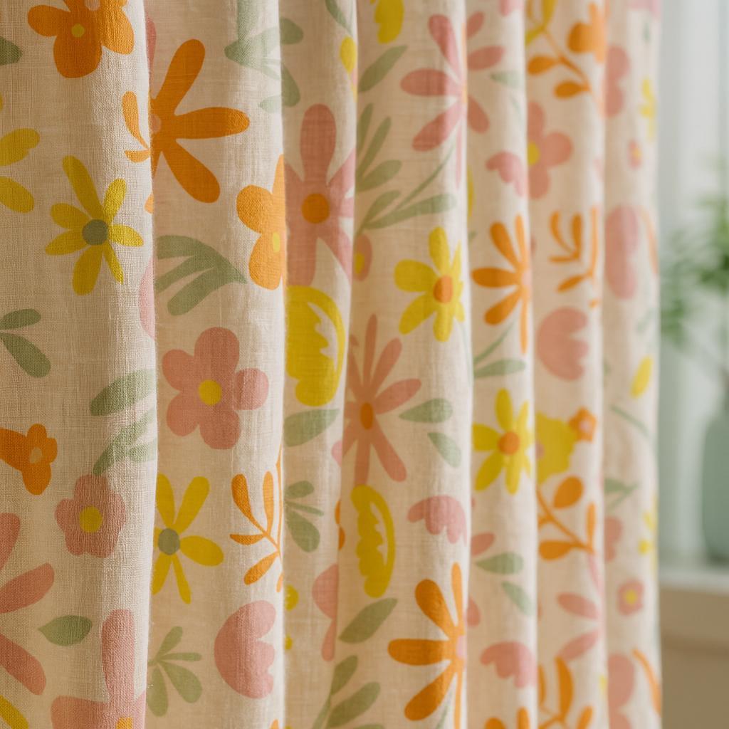 Floral Organic Cotton Curtains: Pastel Daisy Tulip - Semi-Sheer or Blackout — image 1