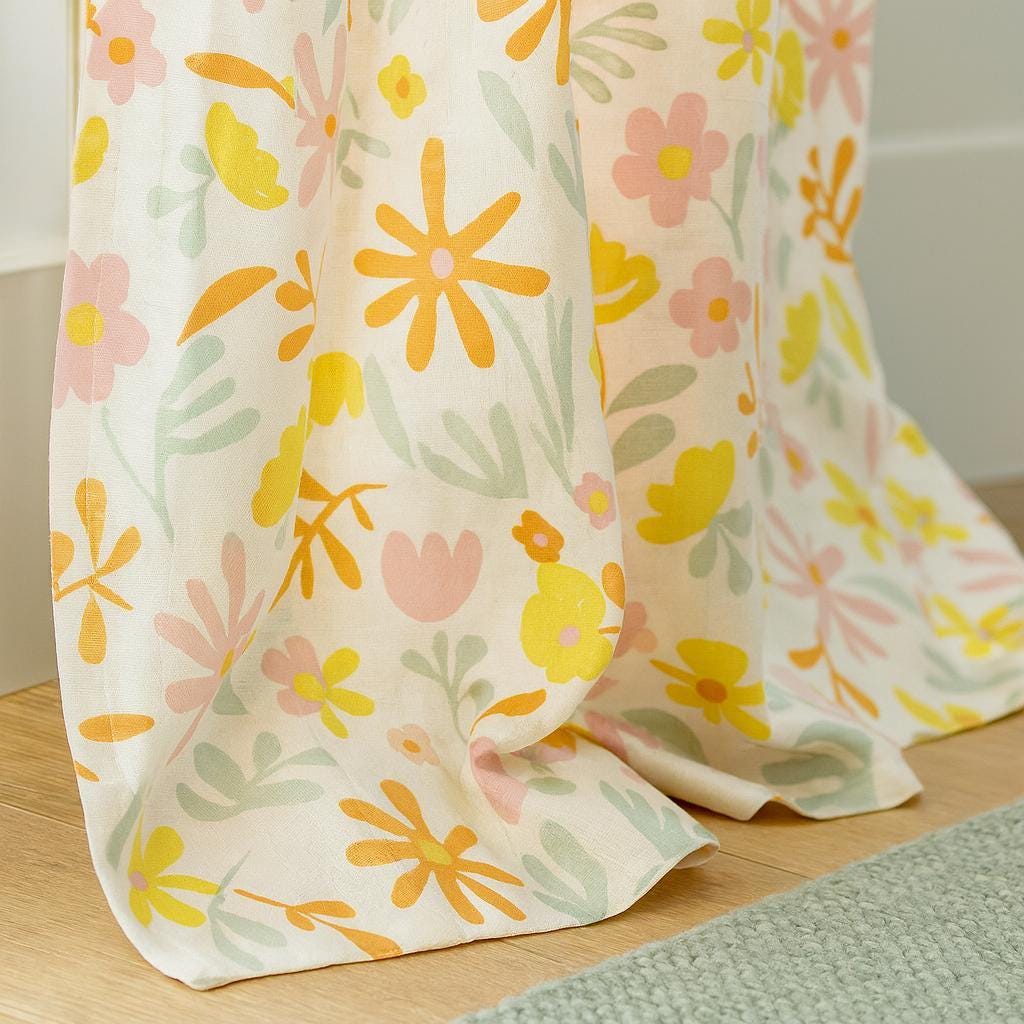 Floral Organic Cotton Curtains: Pastel Daisy Tulip - Semi-Sheer or Blackout — image 3