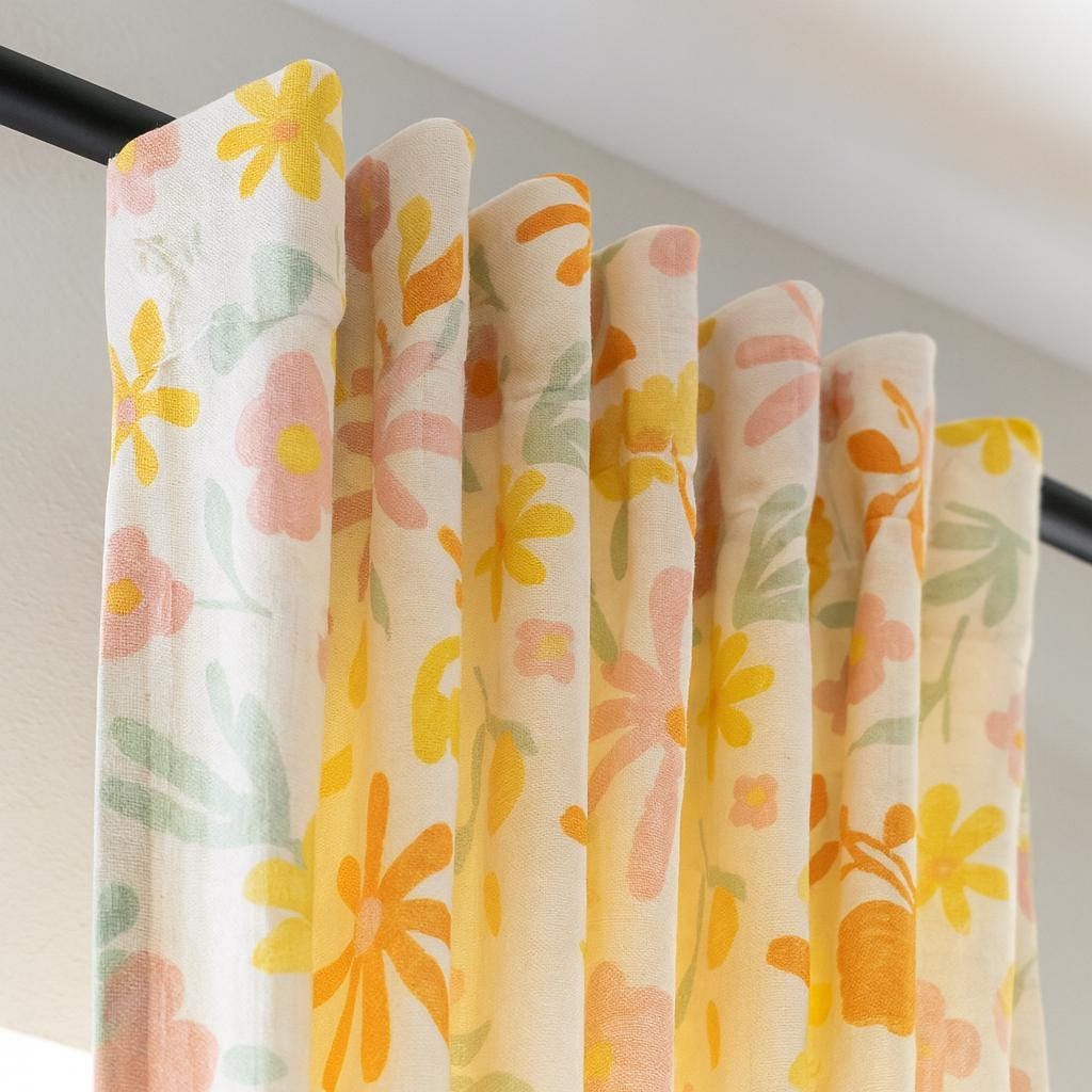 Floral Organic Cotton Curtains: Pastel Daisy Tulip - Semi-Sheer or Blackout — image 5