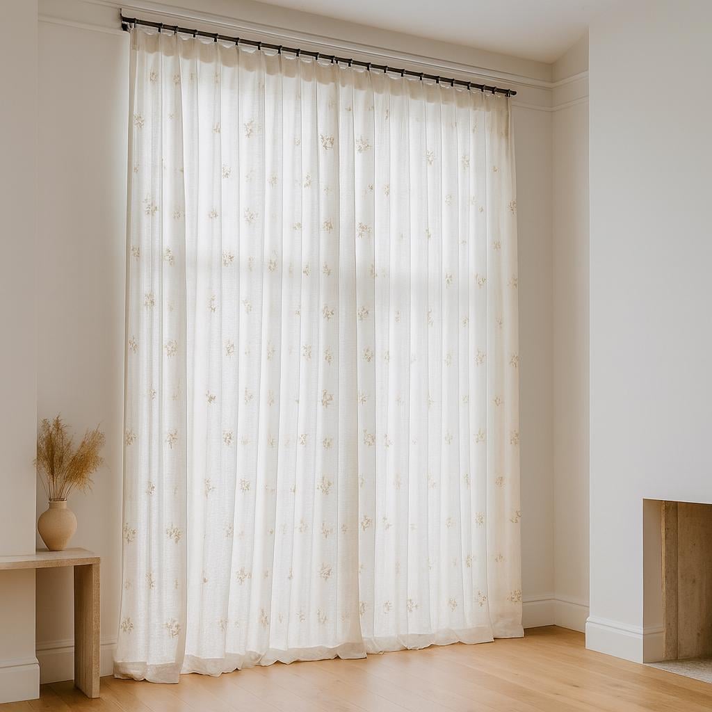 Ivory Linen Sheer Curtains - Beige Floral, Custom Widths & Lengths — image 6