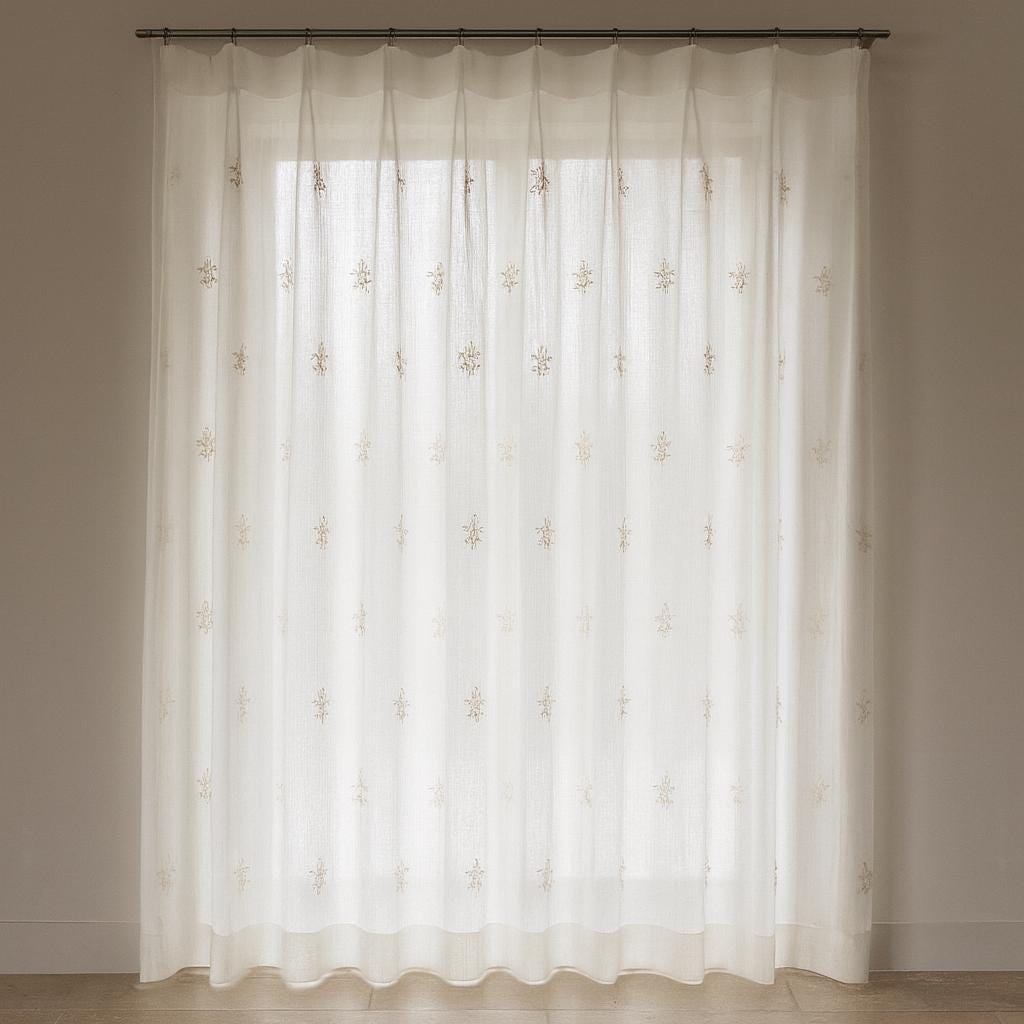Ivory Linen Sheer Curtains - Beige Floral, Custom Widths & Lengths — image 8
