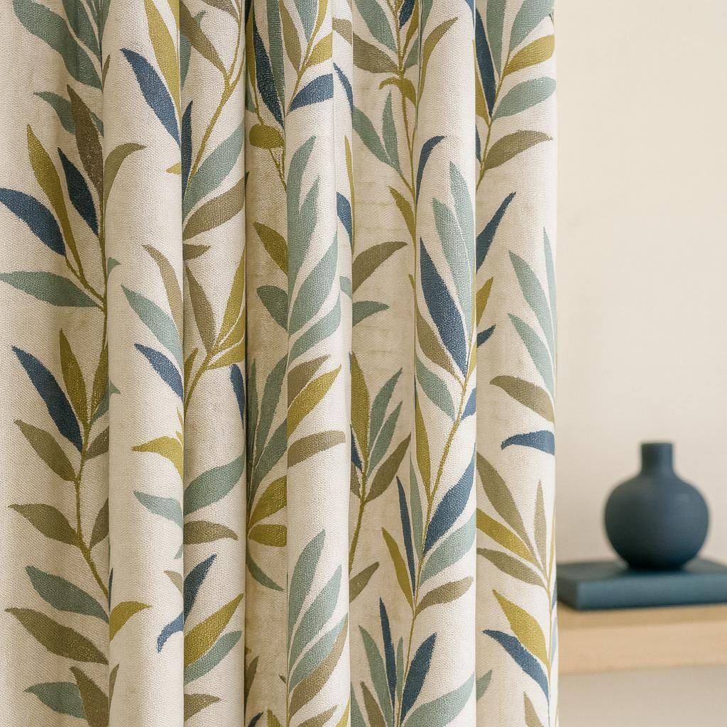 Jacquard Linen Curtains: Olive Sage Navy Leaf - Blackout or Light-Filtering — image 1