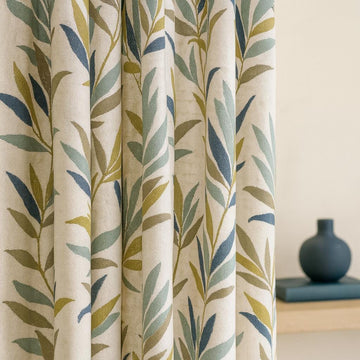 Jacquard Linen Curtains: Olive Sage Navy Leaf - Blackout or Light-Filtering — image 1