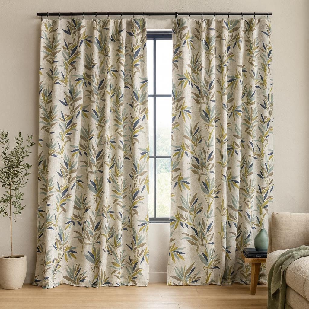 Jacquard Linen Curtains: Olive Sage Navy Leaf - Blackout or Light-Filtering — image 1