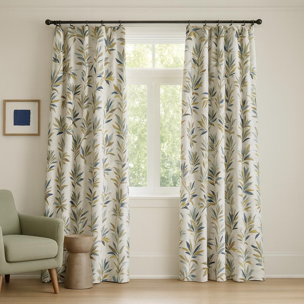 Jacquard Linen Curtains: Olive Sage Navy Leaf - Blackout or Light-Filtering — image 6