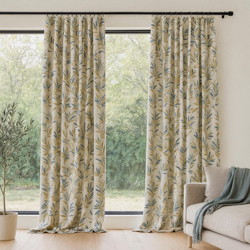 Jacquard Linen Curtains: Olive Sage Navy Leaf - Blackout or Light-Filtering — image 8