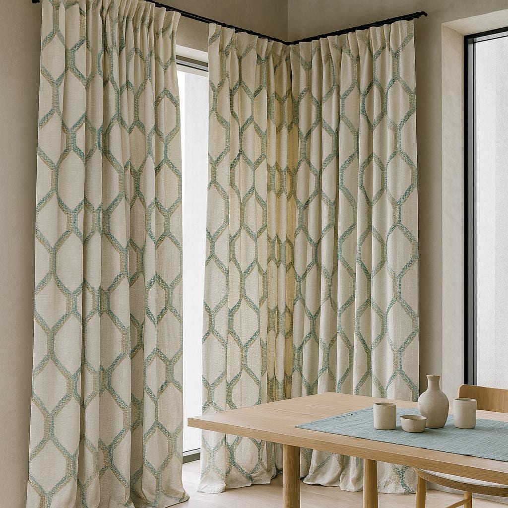 Organic Linen Curtains: Embroidered Geometric Lattice - Blackout or Cotton Lined — image 1
