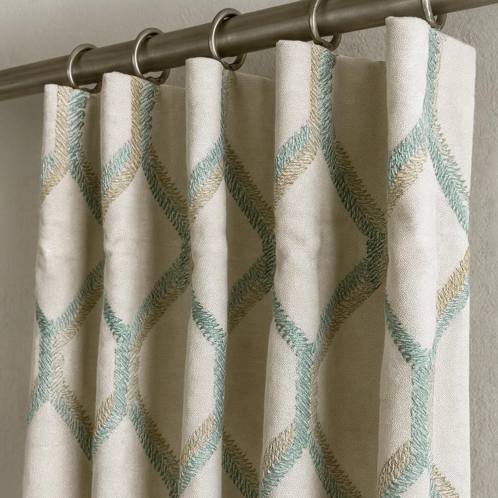 Organic Linen Curtains: Embroidered Geometric Lattice - Blackout or Cotton Lined — image 3