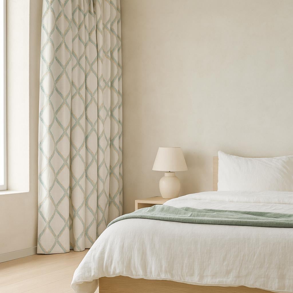 Organic Linen Curtains: Embroidered Geometric Lattice - Blackout or Cotton Lined — image 4