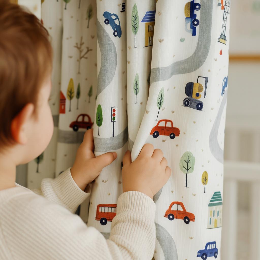 Kids Curtains: Organic Linen Road & Car Design (Custom Sizes, Blackout Available) — image 1