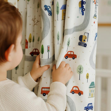 Kids Curtains: Organic Linen Road & Car Design (Custom Sizes, Blackout Available) — image 1