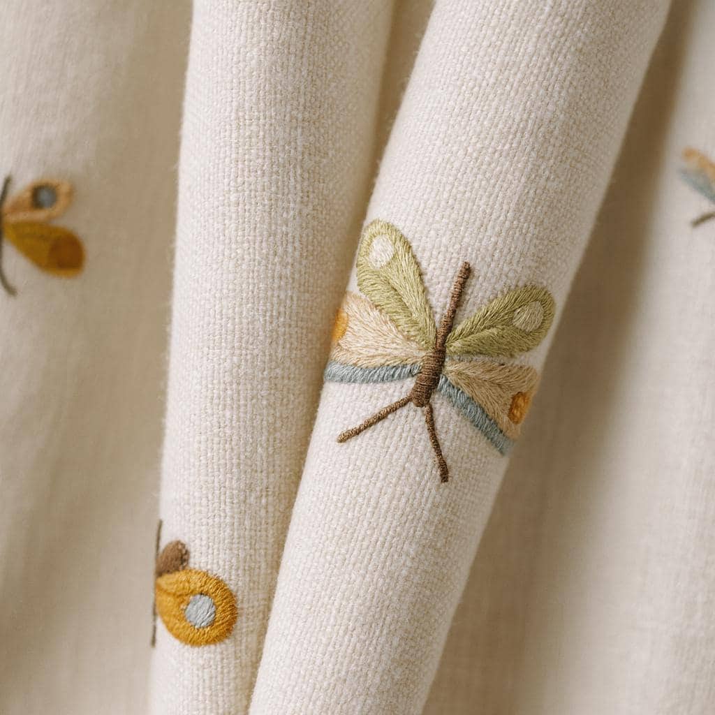 Soft White Linen Embroidered Curtains, Terracotta Blue Butterfly & Dragonfly, Custom Blackout Nursery Drapes — image 1