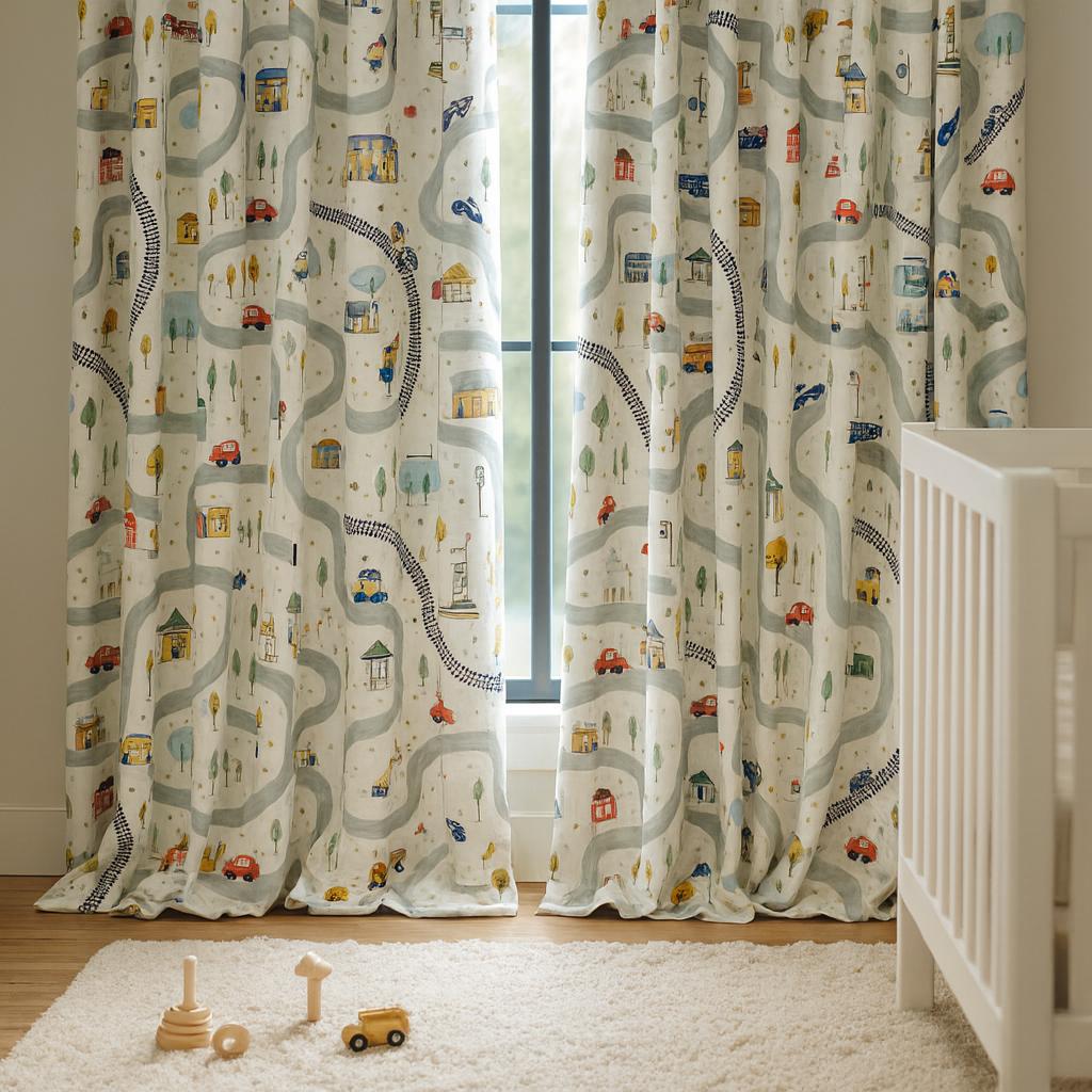 Kids Curtains: Organic Linen Road & Car Design (Custom Sizes, Blackout Available) — image 1