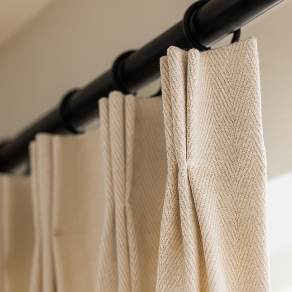 Pinch-Pleat Curtains: Cream Linen Herringbone (Blackout or Cotton Lined) — image 1