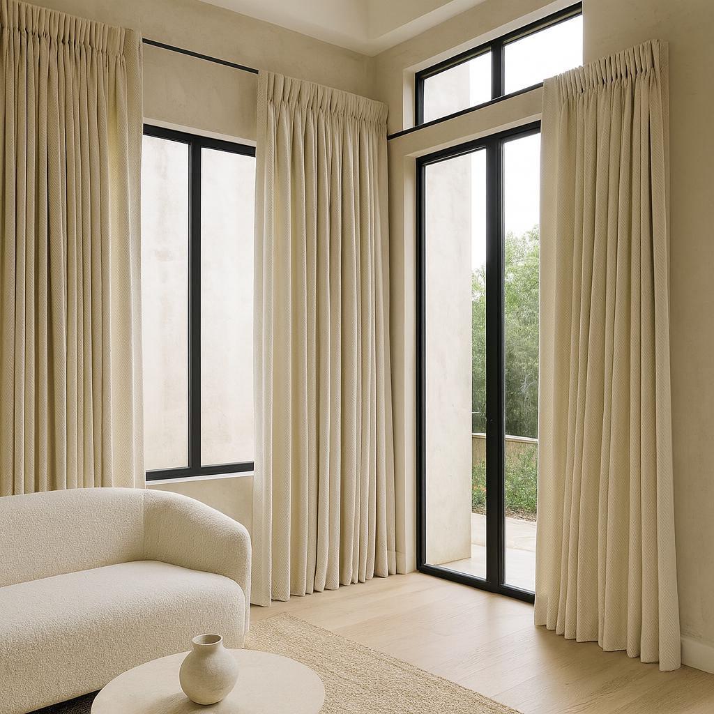 Pinch-Pleat Curtains: Cream Linen Herringbone (Blackout or Cotton Lined) — image 3