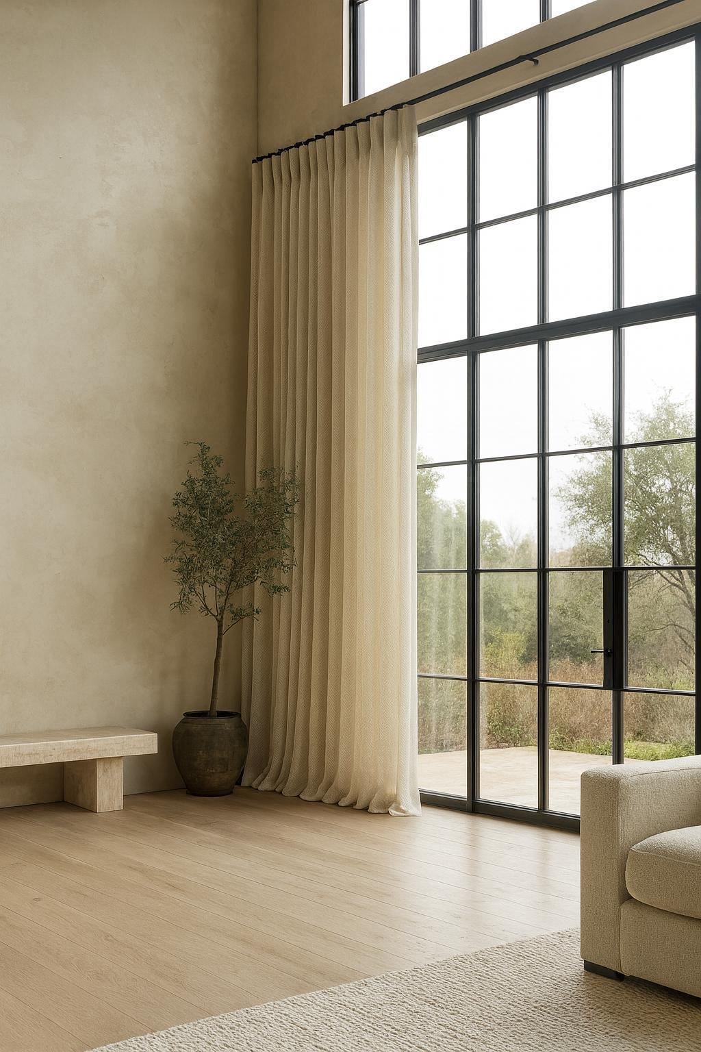Pinch-Pleat Curtains: Cream Linen Herringbone (Blackout or Cotton Lined) — image 4