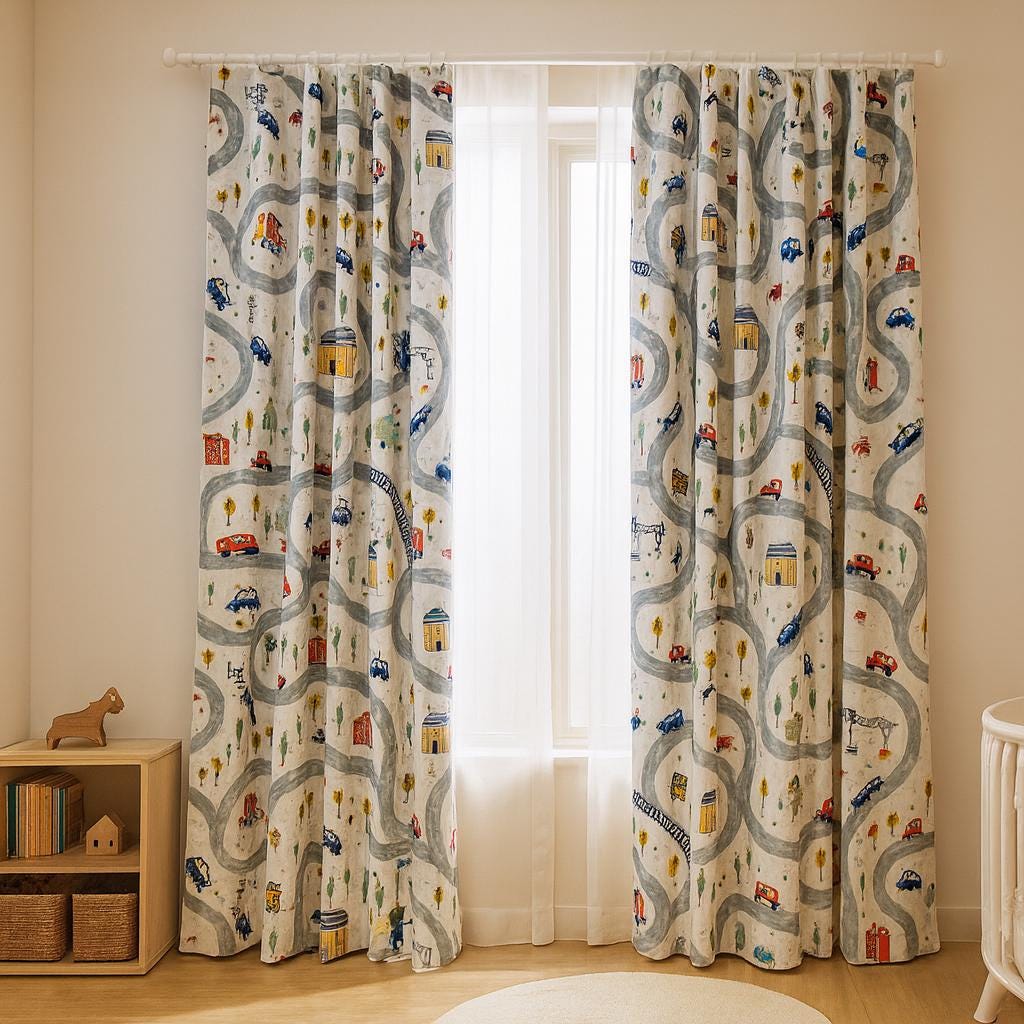 Kids Curtains: Organic Linen Road & Car Design (Custom Sizes, Blackout Available) — image 6