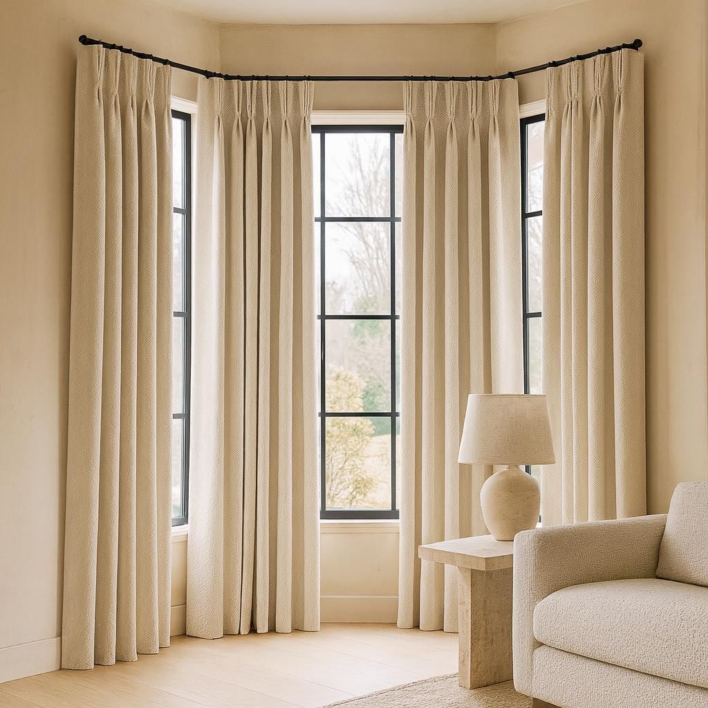 Pinch-Pleat Curtains: Cream Linen Herringbone (Blackout or Cotton Lined) — image 5
