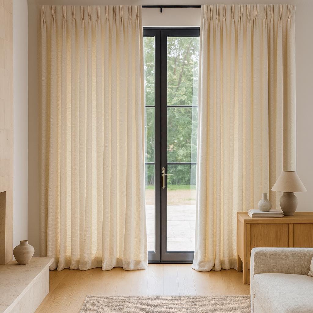Pinch-Pleat Curtains: Cream Linen Herringbone (Blackout or Cotton Lined) — image 7