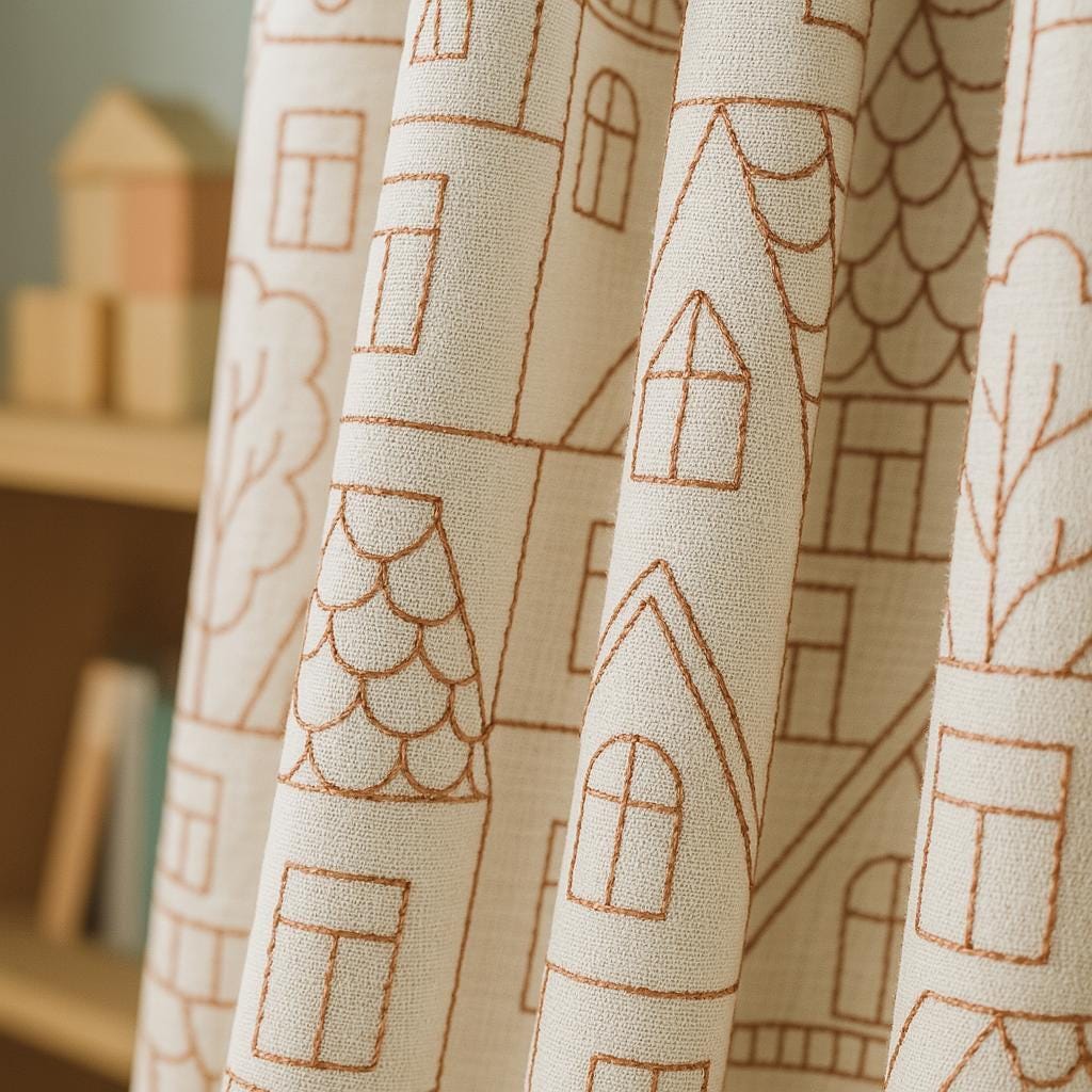 Blackout Linen Curtains: Nursery Style with Red Houses Embroidery (Custom Sizes) — image 1