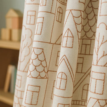 Blackout Linen Curtains: Nursery Style with Red Houses Embroidery (Custom Sizes) — image 1