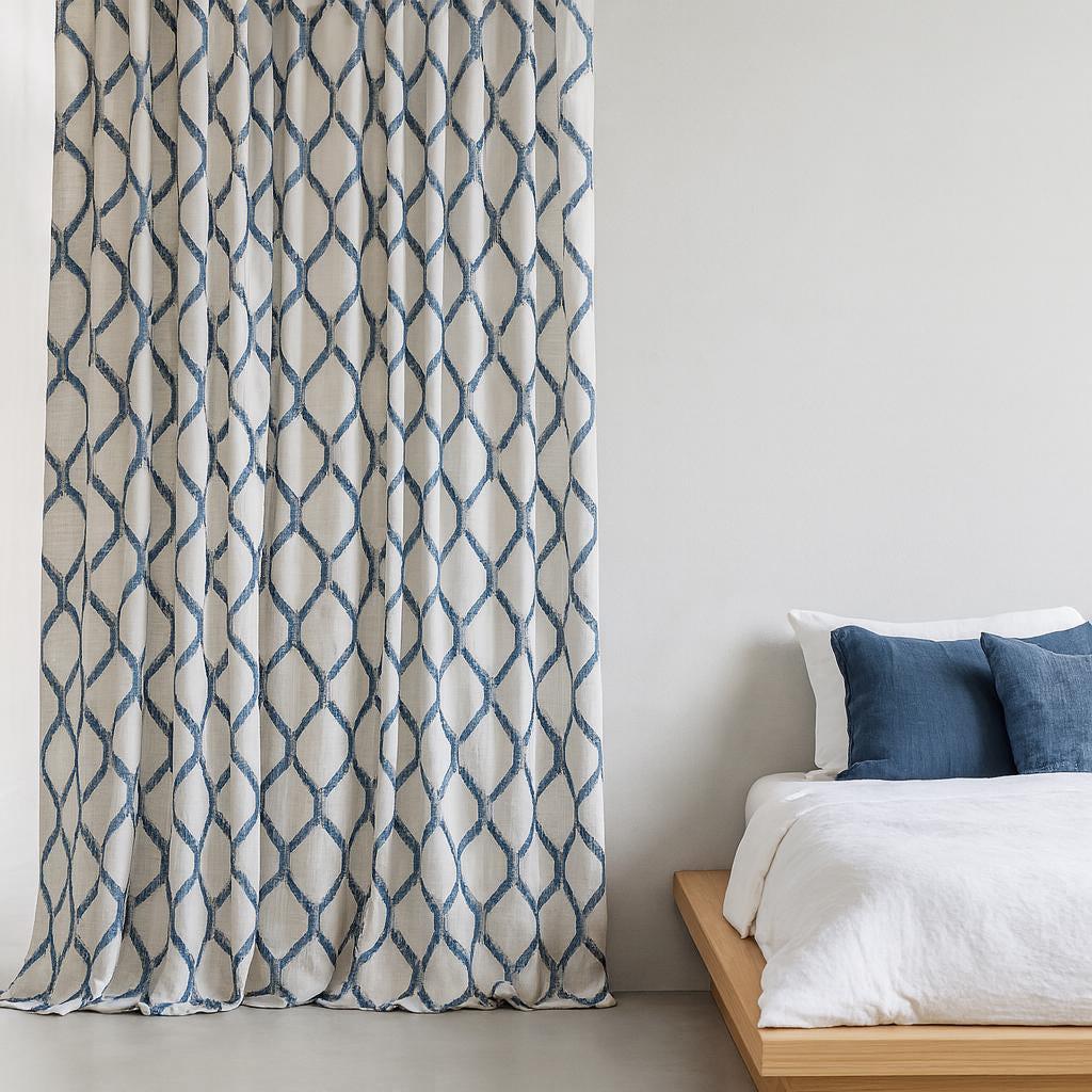 Embroidered Linen Curtains: Navy & Sky Blue Lattice on White — image 1