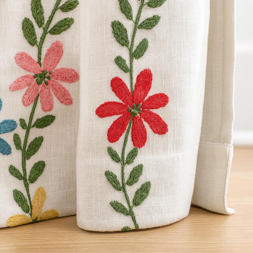 Linen Blackout Curtains: White Daisy Vine Embroidery (Kids Nursery, Custom Fit) — image 1
