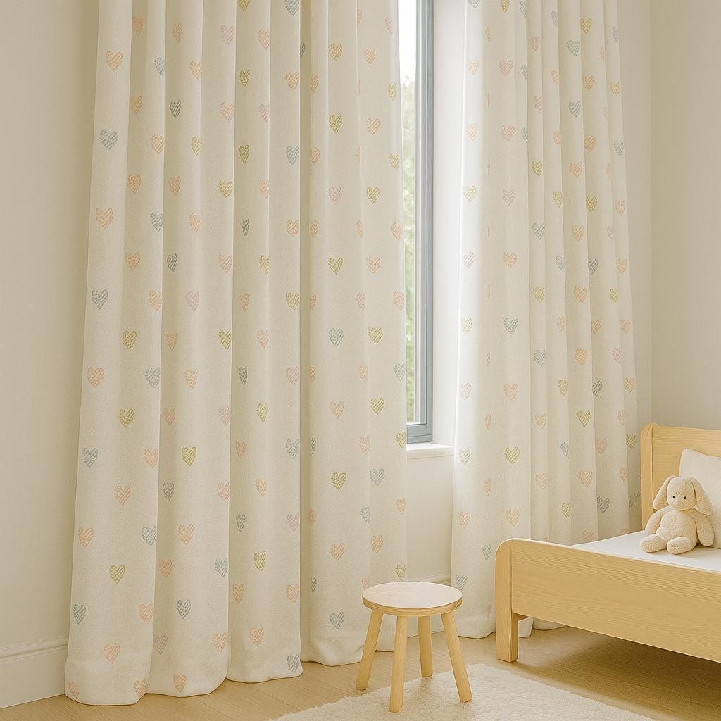 White Linen Curtains with Pastel Hearts: Kids Blackout or Cotton Liner — image 5