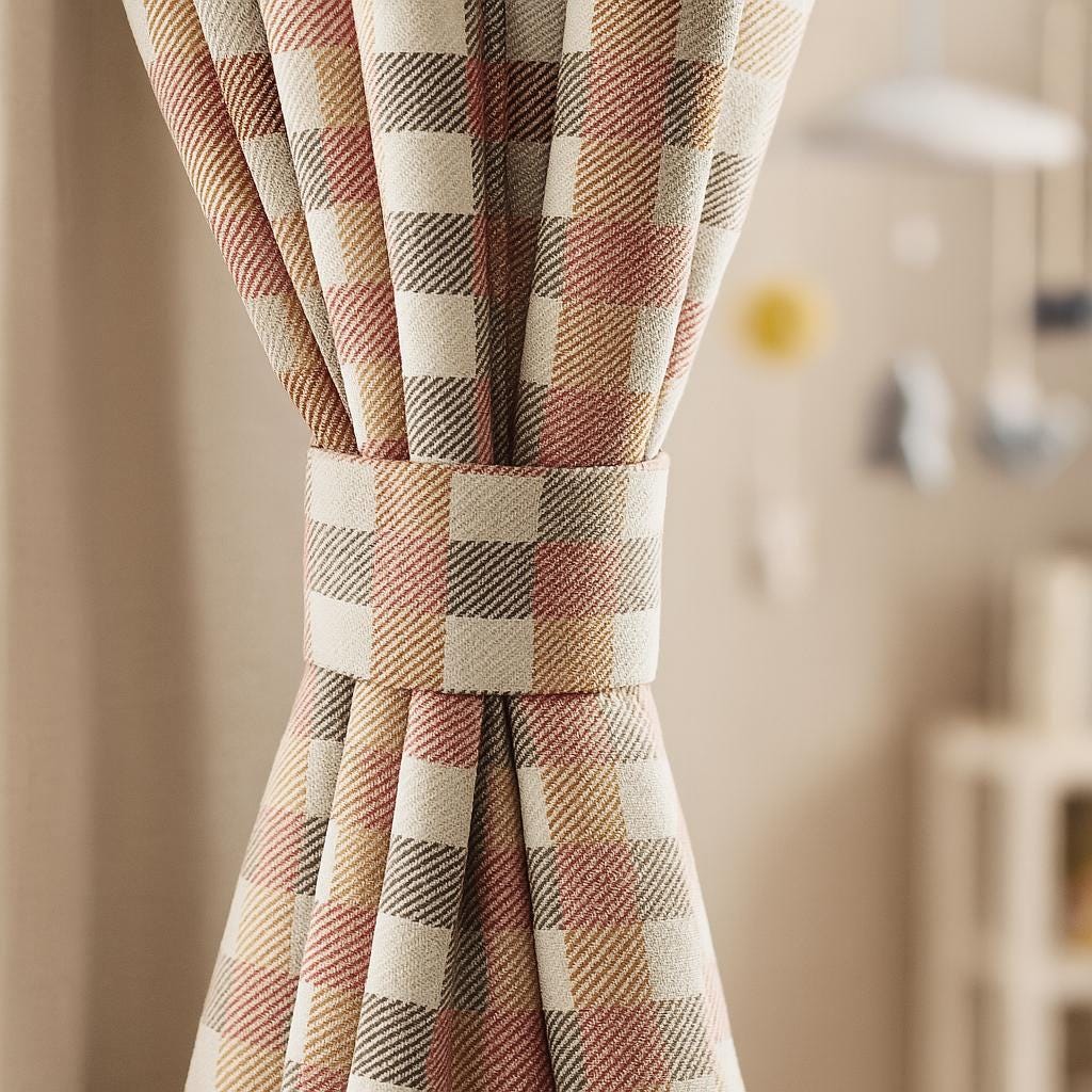 Plaid Linen Curtains, Blush Pink & Beige Gingham (Blackout, Custom Size) — image 1