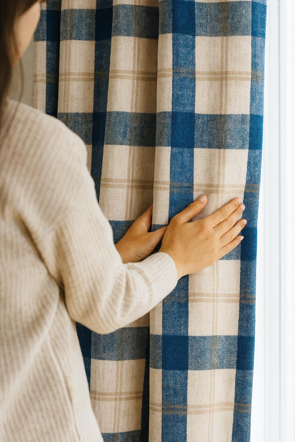 Farmhouse Linen Curtains, Navy Beige Plaid Checks (Blackout or Light Filtering) — image 1